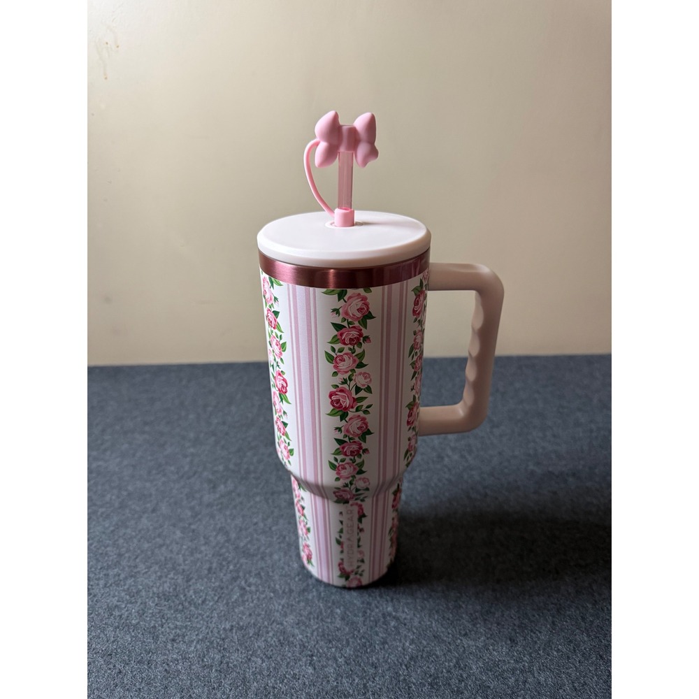 Hydragear Pink Striped Rose Floral Stainless Steel Tumbler with Bow‎ Straw Cover